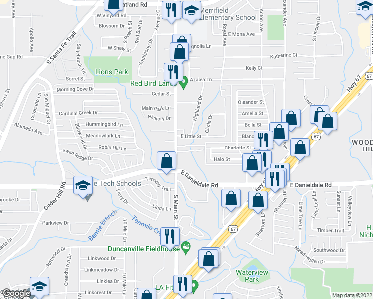 map of restaurants, bars, coffee shops, grocery stores, and more near 117 Brookside Drive in Duncanville