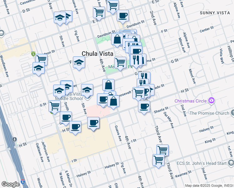 map of restaurants, bars, coffee shops, grocery stores, and more near 377 Roosevelt Street in Chula Vista