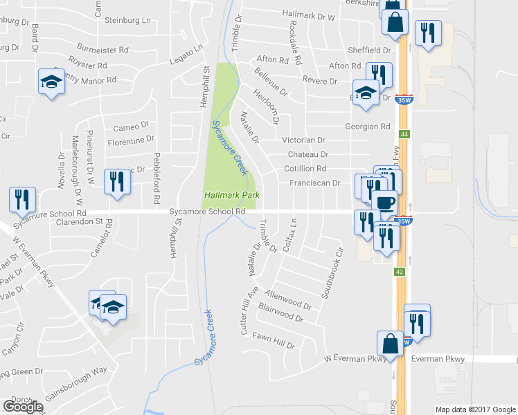 map of restaurants, bars, coffee shops, grocery stores, and more near 7816 Trimble Drive in Fort Worth