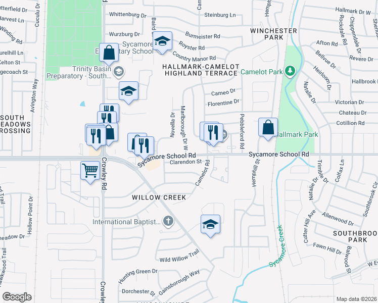 map of restaurants, bars, coffee shops, grocery stores, and more near 1412 Sycamore School Road in Fort Worth