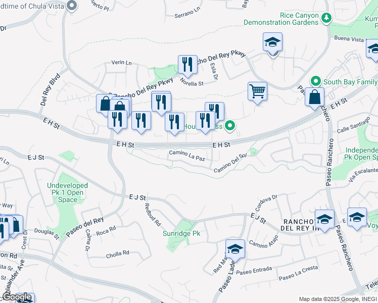 map of restaurants, bars, coffee shops, grocery stores, and more near 921 Camino La Paz in Chula Vista