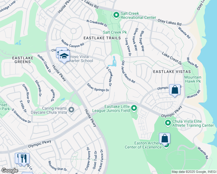 map of restaurants, bars, coffee shops, grocery stores, and more near 1392 South Creekside Drive in Chula Vista