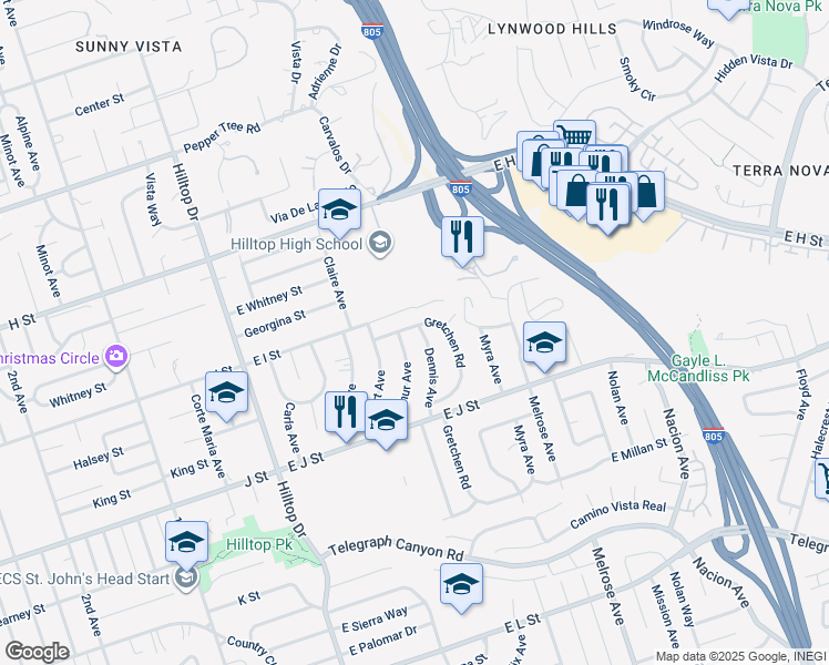 map of restaurants, bars, coffee shops, grocery stores, and more near 622 Dennis Avenue in Chula Vista