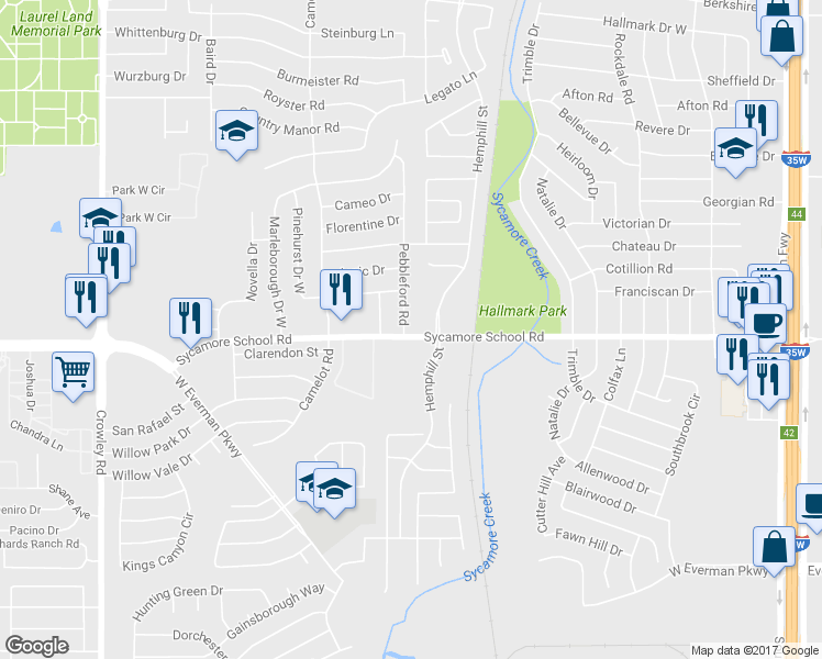 map of restaurants, bars, coffee shops, grocery stores, and more near 7821 Pebbleford Road in Fort Worth