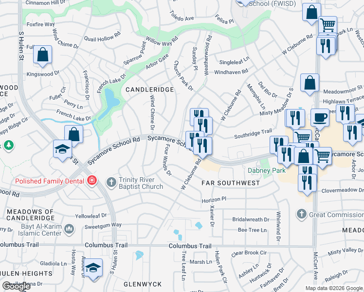 map of restaurants, bars, coffee shops, grocery stores, and more near 7501 Weatherwood Court in Fort Worth