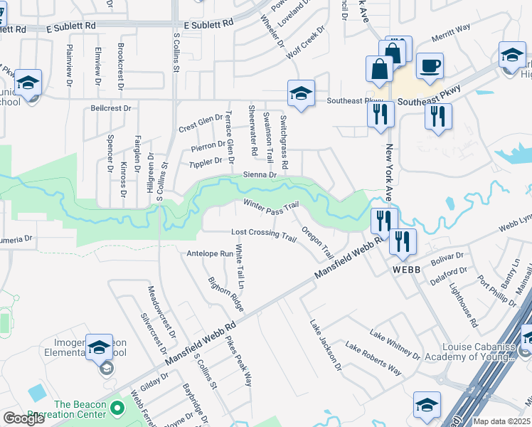 map of restaurants, bars, coffee shops, grocery stores, and more near 6701 Broken Arrow Court in Arlington