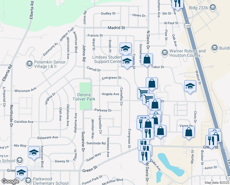 map of restaurants, bars, coffee shops, grocery stores, and more near 104 Angela Avenue in Warner Robins