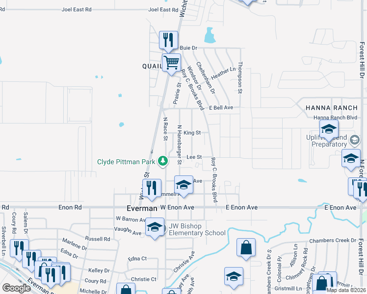 map of restaurants, bars, coffee shops, grocery stores, and more near 408 North Hansbarger Street in Everman