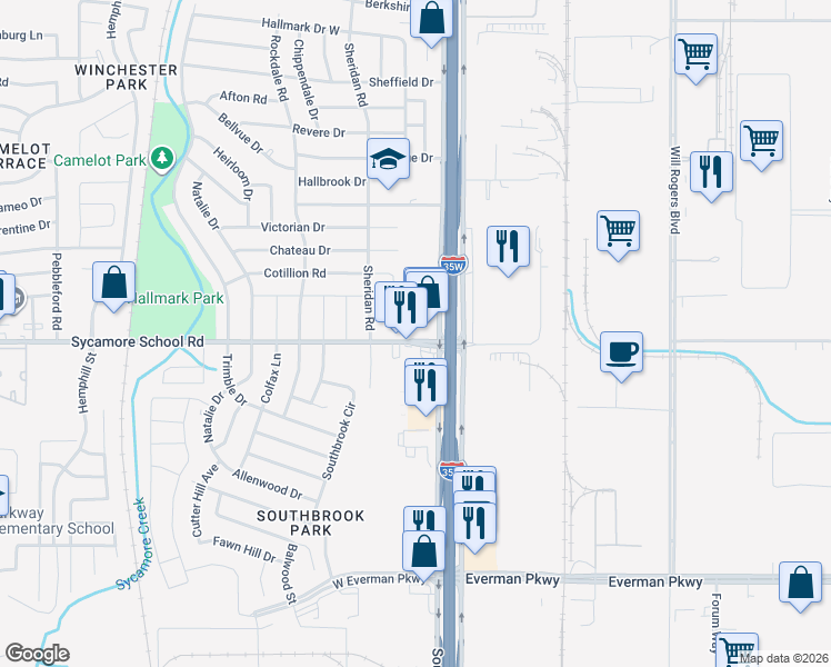 map of restaurants, bars, coffee shops, grocery stores, and more near 122 Sycamore School Road in Fort Worth
