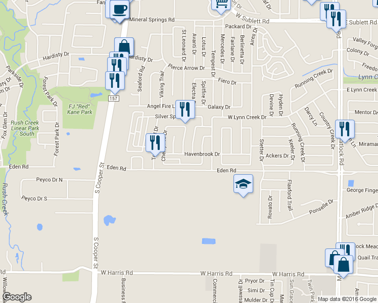 map of restaurants, bars, coffee shops, grocery stores, and more near 6724 Flamewood Dr in Arlington