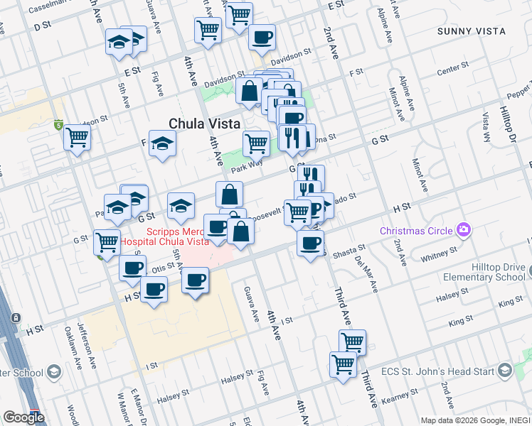 map of restaurants, bars, coffee shops, grocery stores, and more near 377 Roosevelt Street in Chula Vista