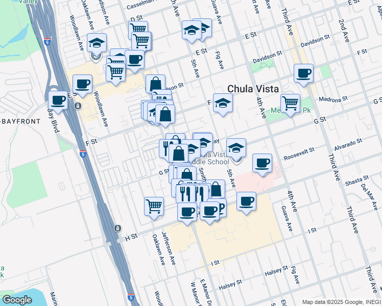 map of restaurants, bars, coffee shops, grocery stores, and more near 576 Park Way in Chula Vista