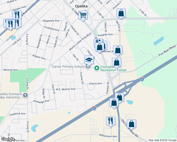 map of restaurants, bars, coffee shops, grocery stores, and more near 307-399 Carver Ave in Opelika