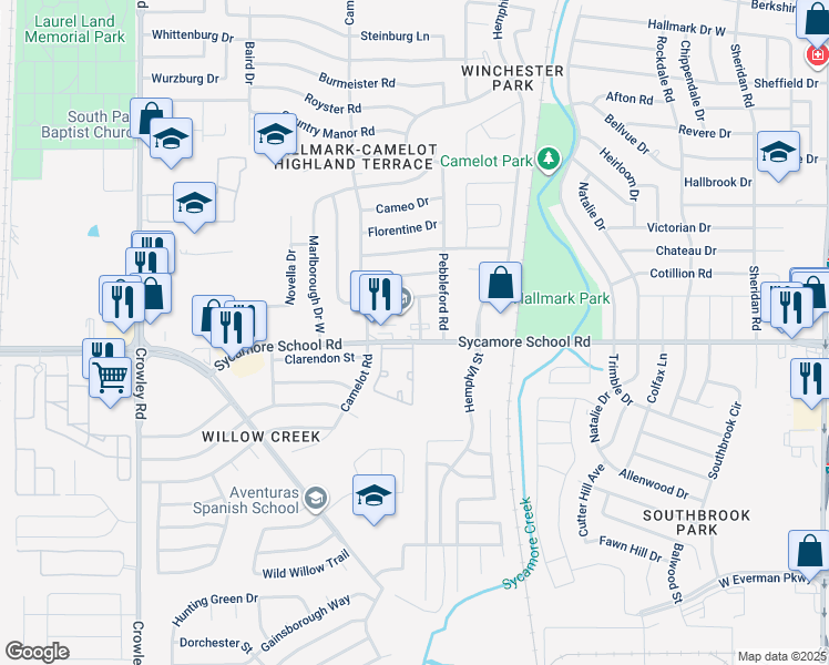 map of restaurants, bars, coffee shops, grocery stores, and more near 7816 Romney Road in Fort Worth