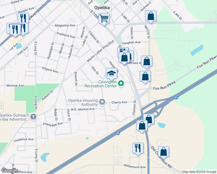 map of restaurants, bars, coffee shops, grocery stores, and more near 307 Carver Avenue in Opelika