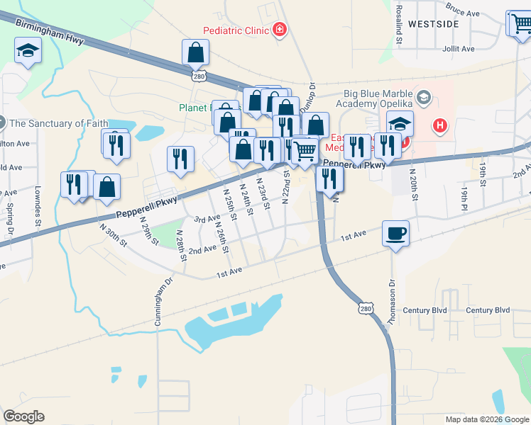 map of restaurants, bars, coffee shops, grocery stores, and more near 208 North 23rd Street in Opelika