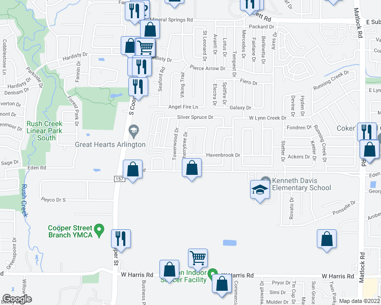 map of restaurants, bars, coffee shops, grocery stores, and more near 6720 Copperwood Court in Arlington
