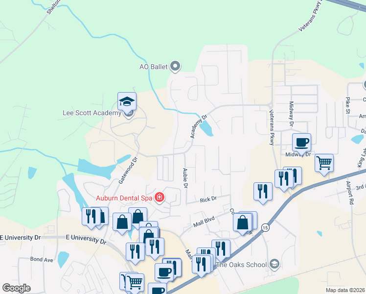 map of restaurants, bars, coffee shops, grocery stores, and more near Reynolds Drive in Auburn