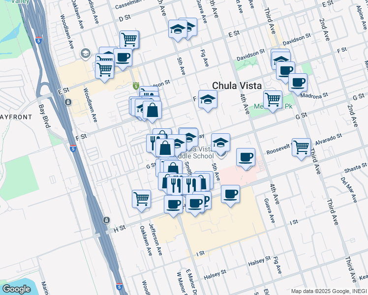 map of restaurants, bars, coffee shops, grocery stores, and more near 537 G Street in Chula Vista