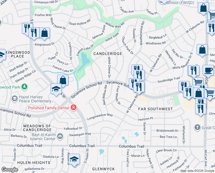 map of restaurants, bars, coffee shops, grocery stores, and more near 7509 Red Willow Road in Fort Worth