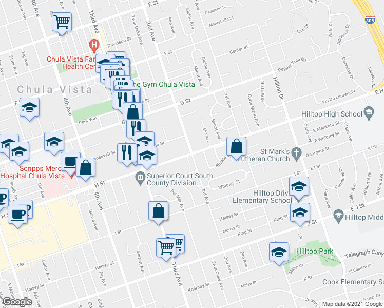 map of restaurants, bars, coffee shops, grocery stores, and more near H St & 2nd Ave in Chula Vista