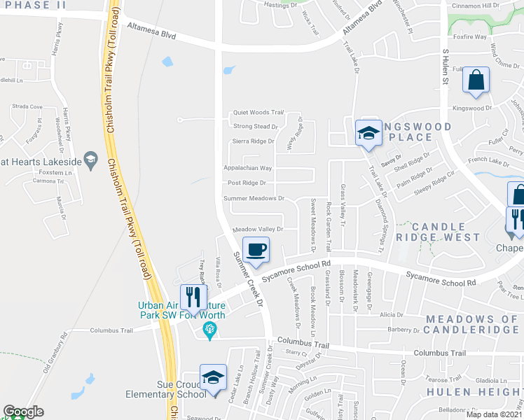 map of restaurants, bars, coffee shops, grocery stores, and more near 5408 Rolling Meadows Drive in Fort Worth
