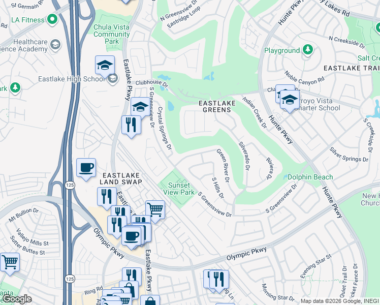 map of restaurants, bars, coffee shops, grocery stores, and more near 2281 Green River Drive in Chula Vista
