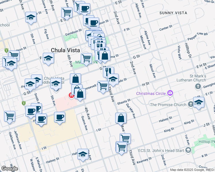 map of restaurants, bars, coffee shops, grocery stores, and more near 466 3rd Avenue in Chula Vista