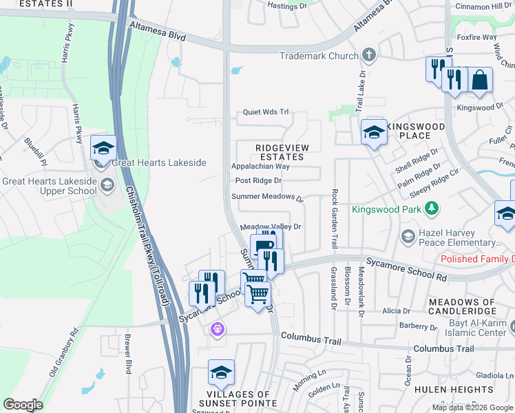map of restaurants, bars, coffee shops, grocery stores, and more near 5408 Rolling Meadows Drive in Fort Worth