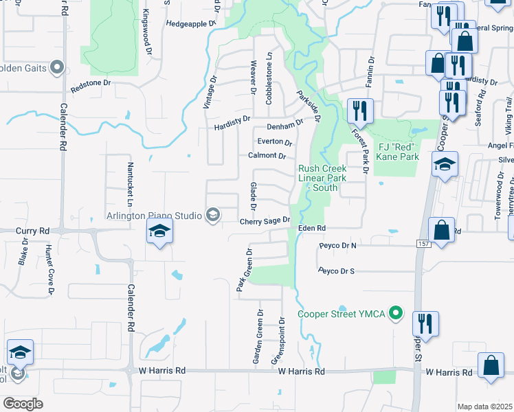 map of restaurants, bars, coffee shops, grocery stores, and more near 6703 Glade Drive in Arlington