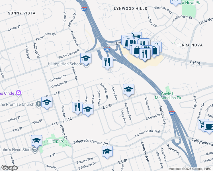 map of restaurants, bars, coffee shops, grocery stores, and more near 637 Gretchen Road in Chula Vista