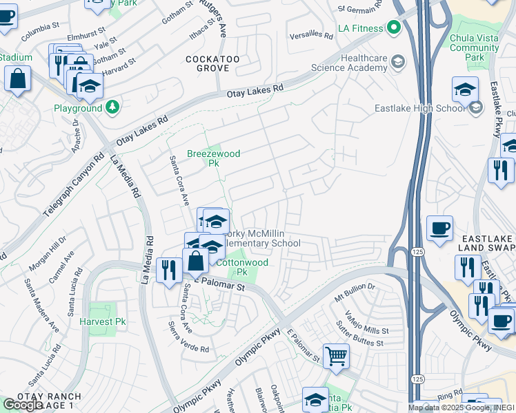 map of restaurants, bars, coffee shops, grocery stores, and more near 1213 Battle Creek Road in Chula Vista