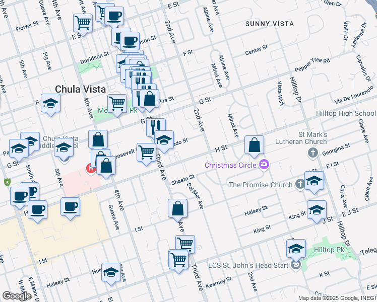 map of restaurants, bars, coffee shops, grocery stores, and more near 249 H Street in Chula Vista