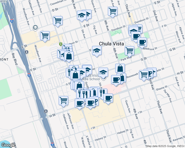map of restaurants, bars, coffee shops, grocery stores, and more near 507 G Street in Chula Vista