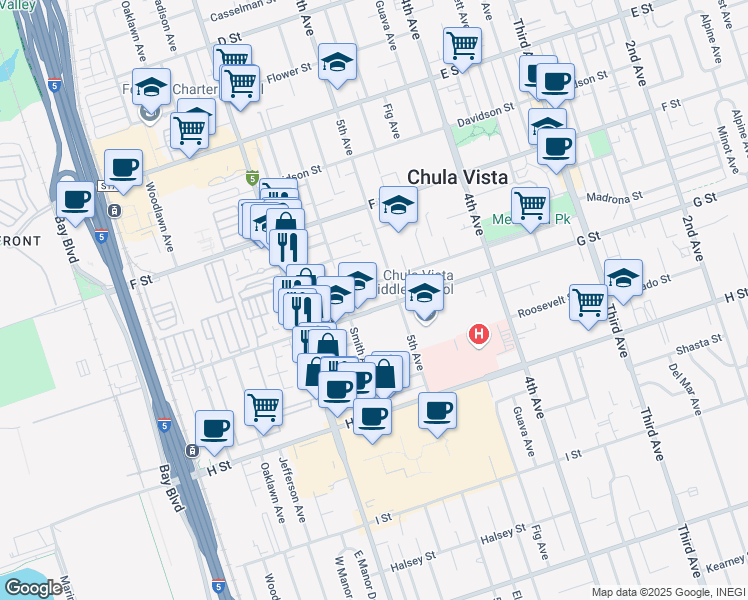 map of restaurants, bars, coffee shops, grocery stores, and more near 537 G Street in Chula Vista