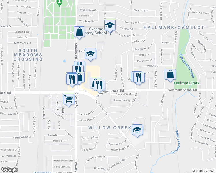 map of restaurants, bars, coffee shops, grocery stores, and more near 7803 Novella Drive in Fort Worth
