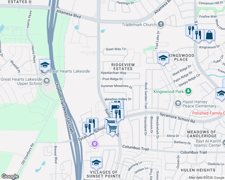 map of restaurants, bars, coffee shops, grocery stores, and more near 5408 Rolling Meadows Drive in Fort Worth