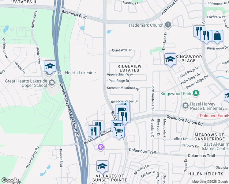 map of restaurants, bars, coffee shops, grocery stores, and more near 5512 Rolling Meadows Drive in Fort Worth