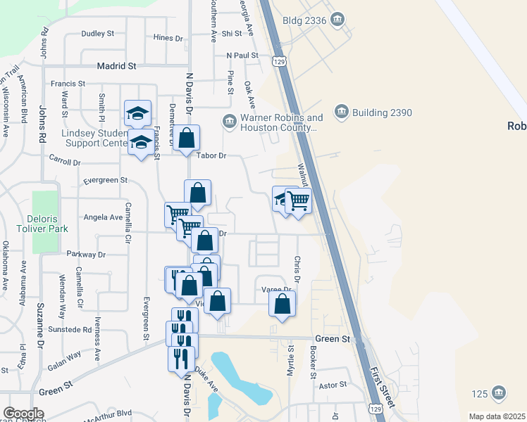 map of restaurants, bars, coffee shops, grocery stores, and more near 220 Tabor Drive in Warner Robins