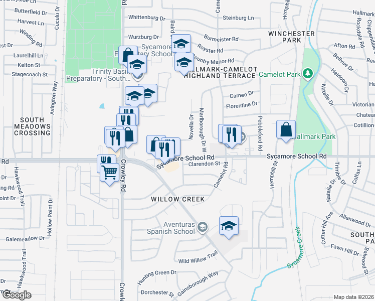map of restaurants, bars, coffee shops, grocery stores, and more near 1500 Sycamore School Road in Fort Worth