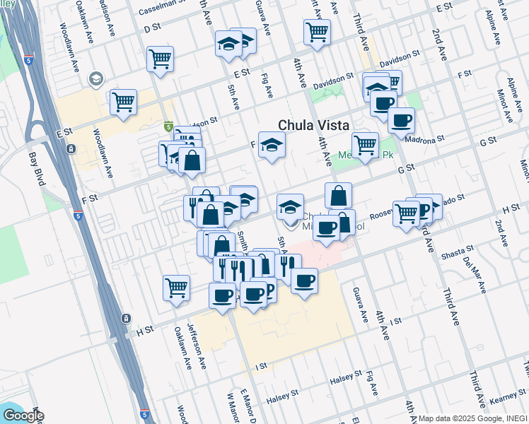 map of restaurants, bars, coffee shops, grocery stores, and more near 507 G Street in Chula Vista