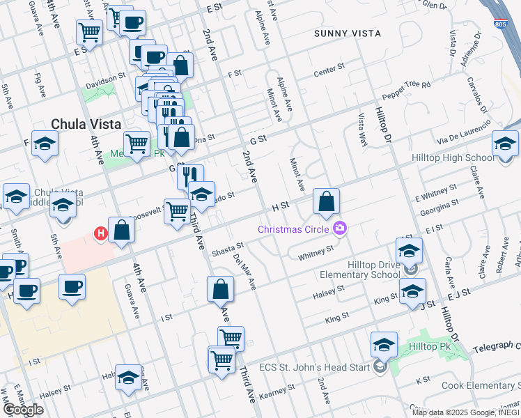 map of restaurants, bars, coffee shops, grocery stores, and more near 205 H Street in Chula Vista