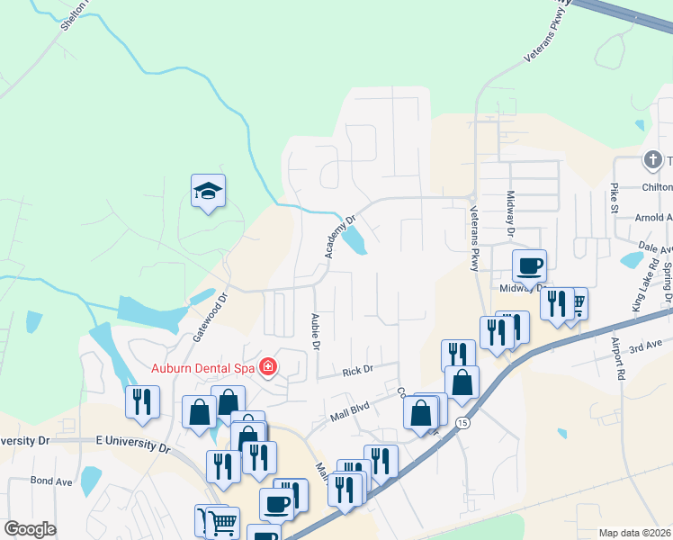 map of restaurants, bars, coffee shops, grocery stores, and more near 1333 Tulip Court in Auburn