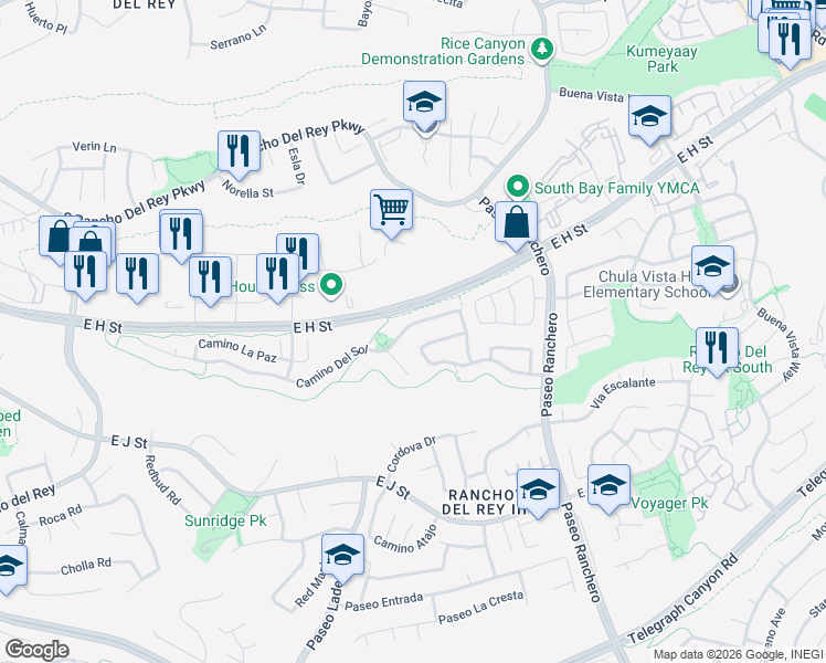 map of restaurants, bars, coffee shops, grocery stores, and more near 1036 Camino Del Sol in Chula Vista