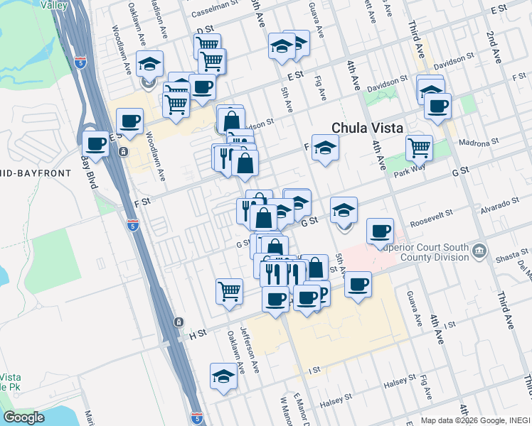 map of restaurants, bars, coffee shops, grocery stores, and more near 576 Park Way in Chula Vista