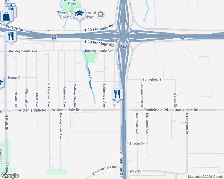 map of restaurants, bars, coffee shops, grocery stores, and more near 9229 Bluecrest Drive in Dallas