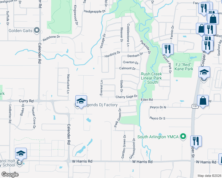 map of restaurants, bars, coffee shops, grocery stores, and more near 2501 Morningstar Lane in Arlington