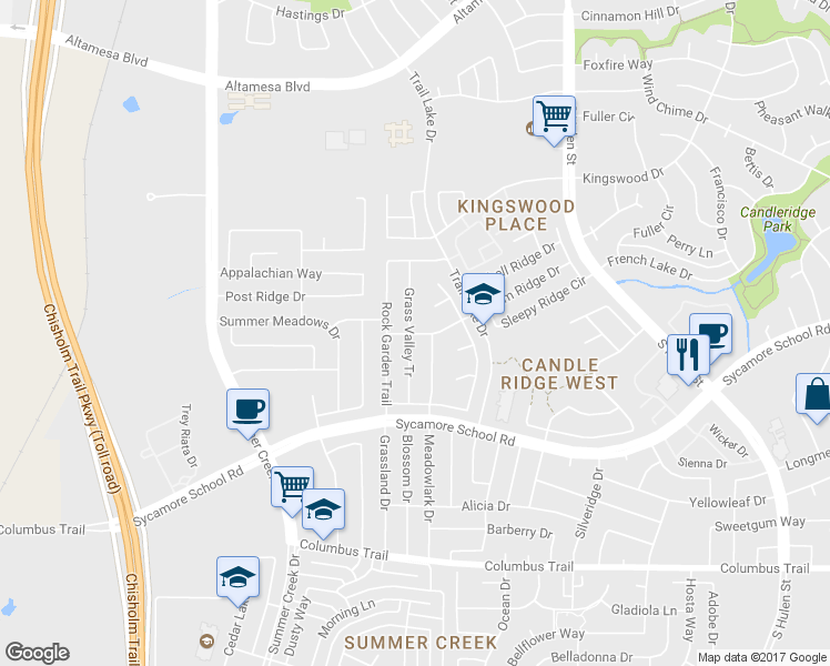 map of restaurants, bars, coffee shops, grocery stores, and more near 7600 Valley Village Drive in Fort Worth