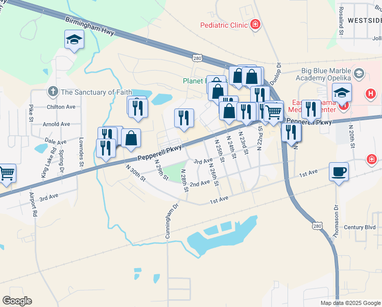 map of restaurants, bars, coffee shops, grocery stores, and more near 303 North 28th Street in Opelika