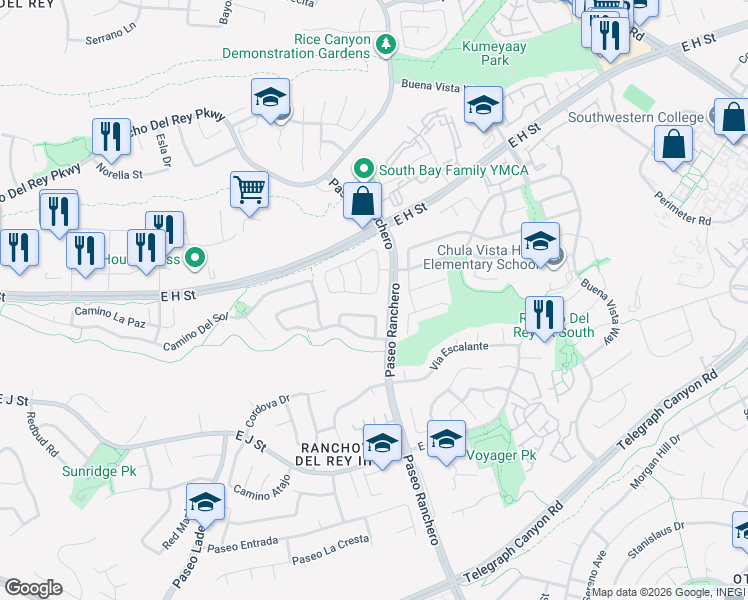map of restaurants, bars, coffee shops, grocery stores, and more near 1147 Via Mariana in Chula Vista